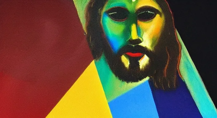 Prompt: black background. a modern painting with christ. evil and badness attack him from the left, but from christ's right emerges light and life. like a prism with light passing through it left to right.