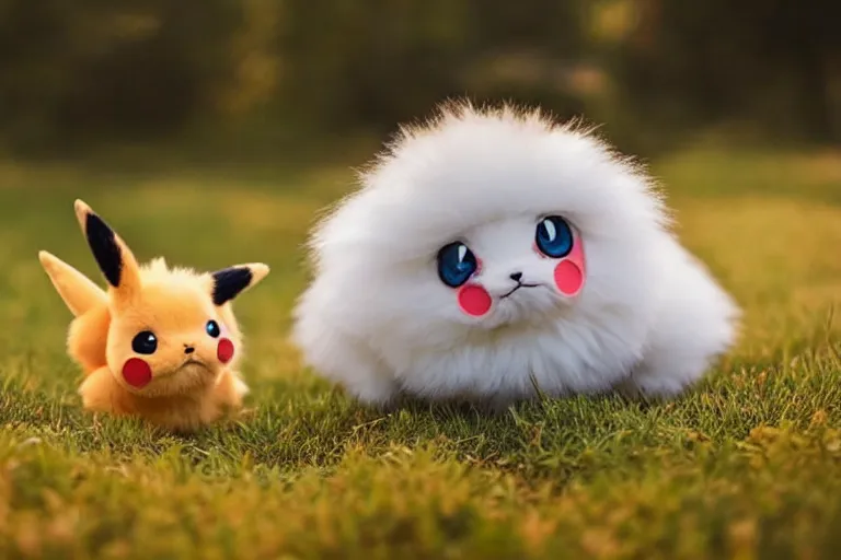 Image similar to real life pokemons, cute!!!, content!!!, mischievous!!!, adorable!!!, little furballs, fluffy!!!, ultra realistic!!!, golden hour, sharp focus