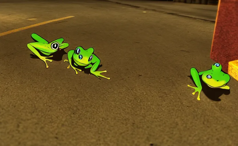 Prompt: two frogs in love in gta san andreas, cinematic shot, 4 k, night time