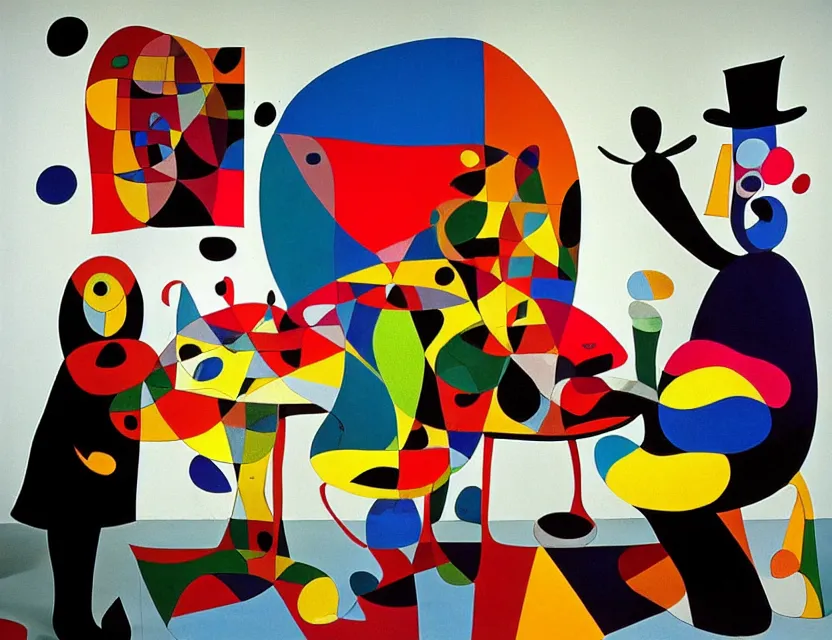 Image similar to a colorful installation sculpture artwork of a old and strange dusty professor in black suite and hat and a old woman making a study of drinking 1 0 cups of black coffee in 5 seconds in a kitchen that is melting, styled by joan miro and niki de saint phalle