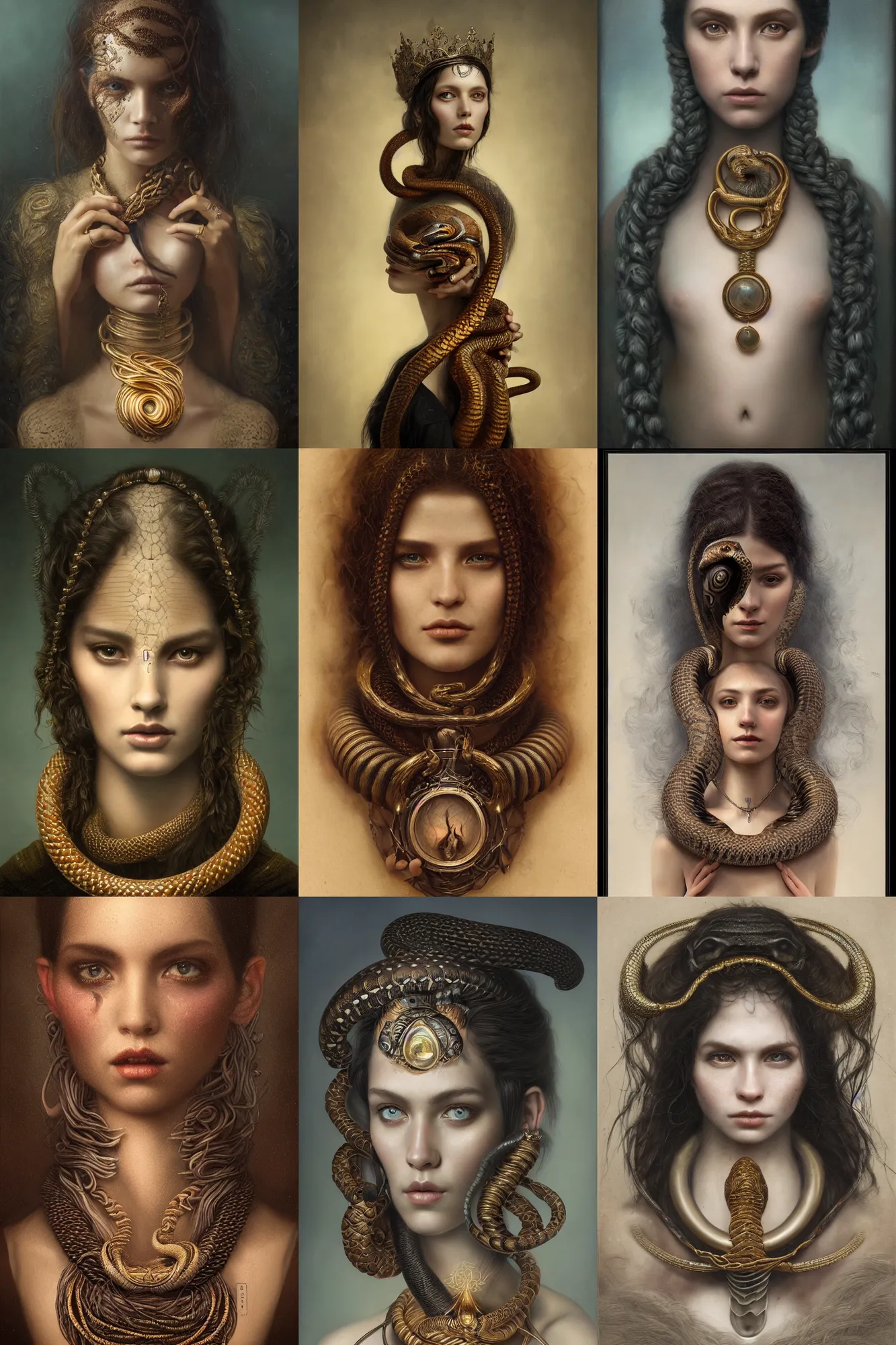 Prompt: a beautiful ultra detailed fine art portrait of a humanoid with a king cobra coiled around her neck, by tom bagshaw and anna dittman, studio lighting, golden ratio composition, 3 5 mm lens, deep depth of field, artstation, 8 k