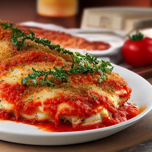 Image similar to chicken parmesan, 4k. photorealistic, awesome,