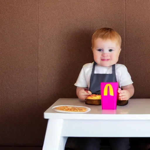 Image similar to a cute baby goat sitting in a booth eating at mcdonalds, mcdonalds interior background, close up of the baby goat, photo