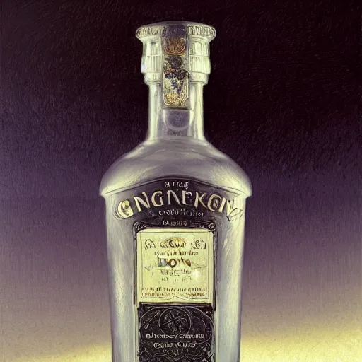 Image similar to A bottle of gin filled with tiny creatures, fullbody, artstation, fantasy, concept art, dark, moonlight, incredible, smooth, sharp focus, illustration, art by greg rutkowski and orientalism and bouguereau and Zdzislaw Beksinski, good clear quality, lighting, biology, symmetrical artwork, perfect face, 135 mm, cinematic, hyper realism, high detail, octane render, 8k, chrome accents