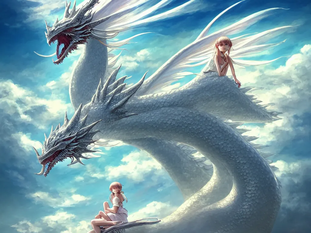 Image similar to the beautiful hyper detailed big scene render that a beautiful girl sitting on the back of a huge silver white dragon alone in fairyland surrounded by white clouds, finely detailed angelic face delicate features, style of studio ghibli, makoto shinkai, artgerm, karol bak, kazuki tanahashi, james jean, ross tran, xision, ultra wide angle