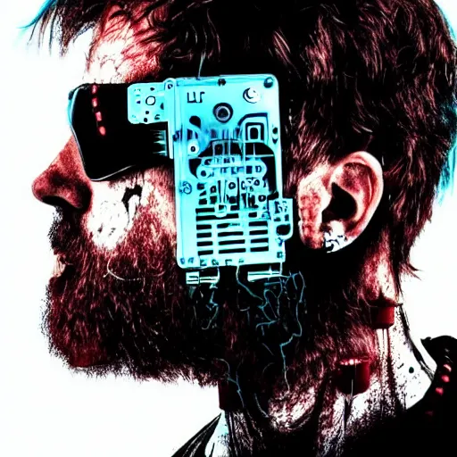 Image similar to Beautiful Photo of Arduino Uno in the robot's head. beard man. Cyberpunk. splatterpunk. 4K