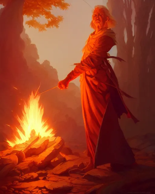 Image similar to highly detailed vfx portrait of an old mage casting a fire spell, unreal engine, greg rutkowski, loish, rhads, beeple, makoto shinkai and lois van baarle, ilya kuvshinov, rossdraws, tom bagshaw, alphonse mucha, global illumination, detailed and intricate environment