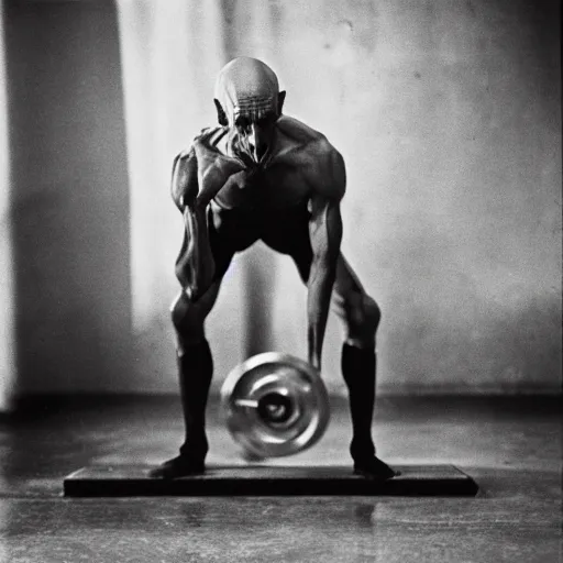 Image similar to portrait of nosferatu doing weightlifting, sport photography