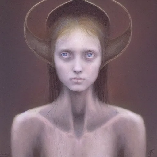 Prompt: portrait painting of teenage female knight by Beksinski, she is pale with short dark hairs. Strange creatures are around