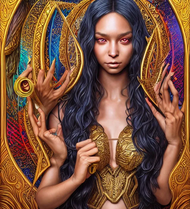 Prompt: Portrait of god , D&D, fantasy, intricate, richly detailed colored pencil 3D illustration of a beautiful Brazilian mulata woman with long metallic hair wearing a hoodie and short shorts that is evil and happy. mirrored background with completely rendered reflections, art by Range Murata and Artgerm highly detailed, digital painting, trending on artstation, sharp focus, illustration, style of Stanley Artgerm