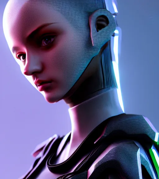 Image similar to complex 3 d render, hyper detailed, ultrasharp, cyberpunk android girl, digital portrait, concept art, illustration, natural soft rim light, hyper realistic, ultra detailed, 0 6 0 8 wear techwear clothing, octane render, darriel diano style, volumetric lighting, 8 k post - production, artstation hq, unreal engine 5, unity engine