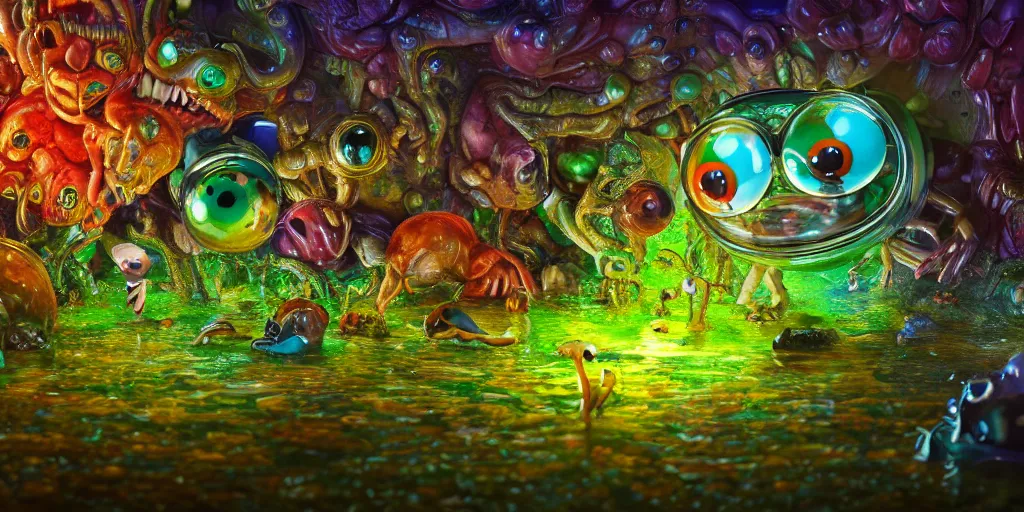 Prompt: of an intricate microscopic swamp with strange cute goofy creatures with huge eyes, long tongue, square teeth and big nose appearing from the waters, in the style of jeff koons, macro lens, shallow depth of field, highly detailed, digital painting, trending artstation, concept art, illustration, cinematic lighting, vibrant colors, photorealism, epic, octane render