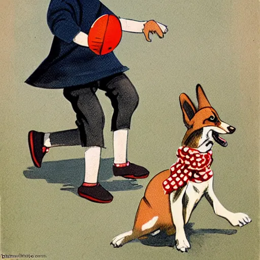 Image similar to book illustration of a french boy on the streets of paris playing football against a corgi, the dog is wearing a polka dot scarf, 1 9 6 6