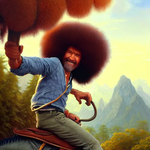 Image similar to bob ross!!! riding!!! a dinosaur!!, giant afro!, model pose, ultra realistic, concept art, intricate details, highly detailed, photorealistic, octane render, 8 k, unreal engine. art by artgerm and greg rutkowski and alphonse mucha