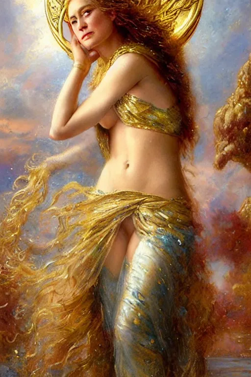 Image similar to portrait of brie larson as the goddess aphrodite. art by gaston bussiere.