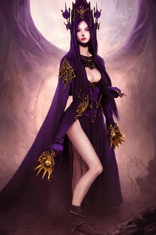 Prompt: Fantasy portrait, Necromancer, female, gorgeous, beautiful face, dark garments, dark pruple robes, gold bracelet, Black cloak from neck to ankles, zettai ryouiki, kiss, pin-up, shapely toned derriere, matte painting, by WLOP, Frank Franzzeta and Sakimichan, artstation