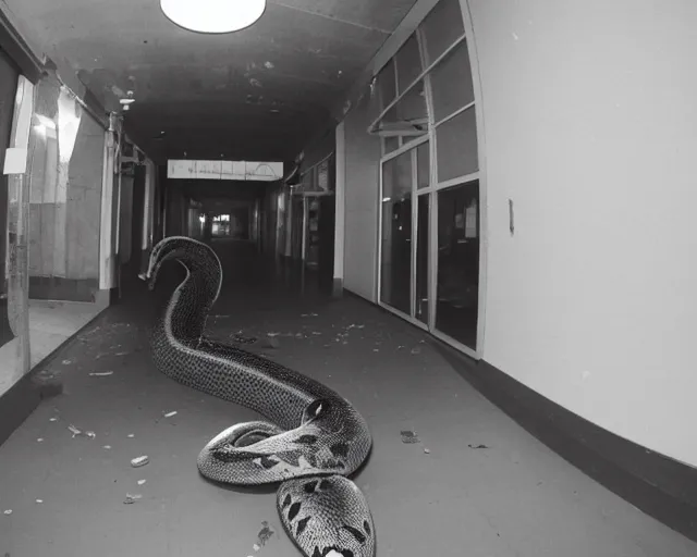 Prompt: camera footage of a giant Python in an abandoned shopping mall, high exposure, dark, monochrome, camera, grainy, CCTV, security camera footage, timestamp, zoomed in, fish-eye lense, snake,