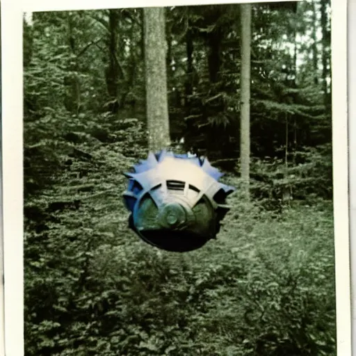 Prompt: polaroid photo of a unicron! in a forest in the 1 9 6 0 s