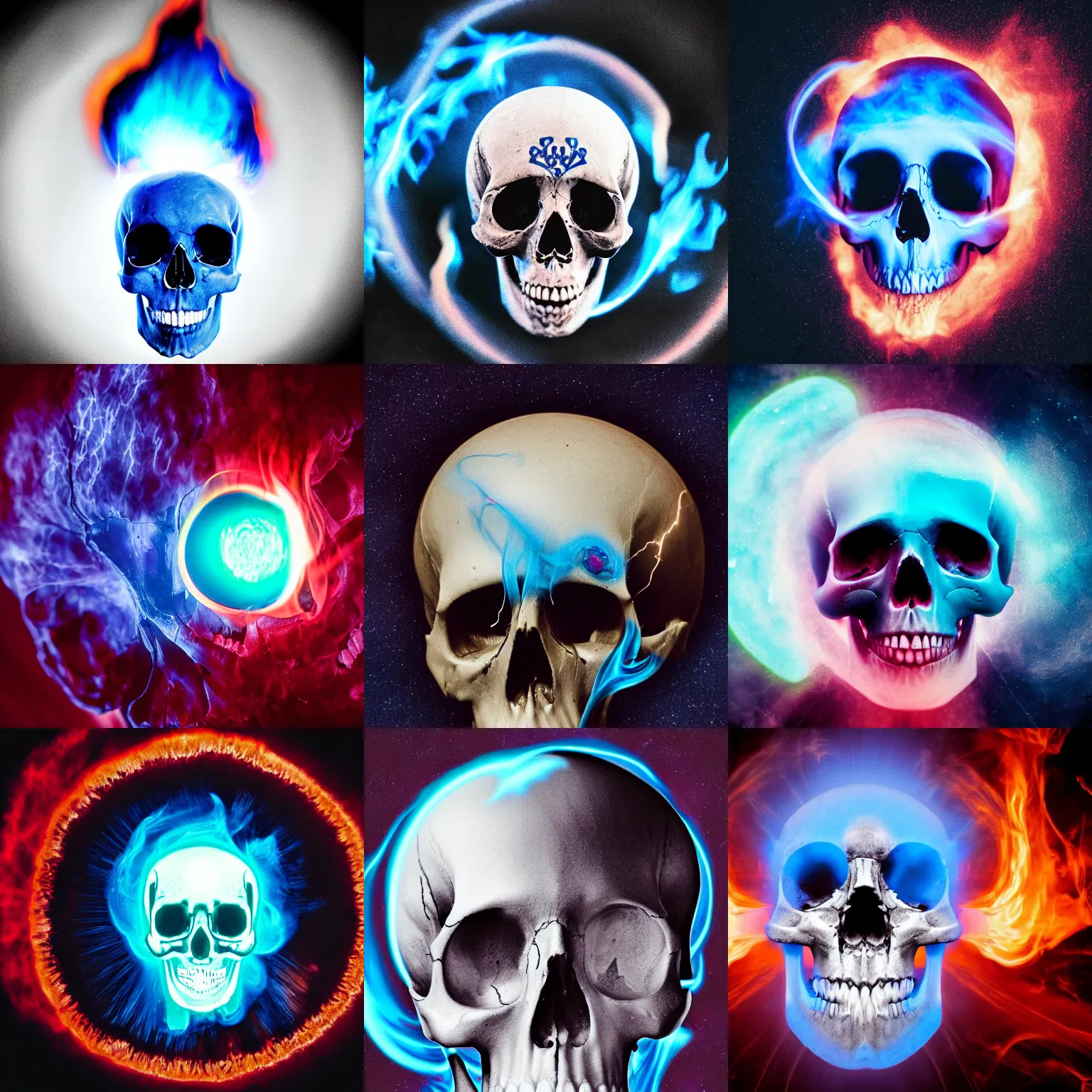 Prompt: photography of a skull with a blue flaming eye in the left orbit