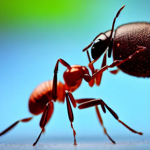 Image similar to macro photo of an ant drinking water, close - up photo, hyper realistic, bokeh.