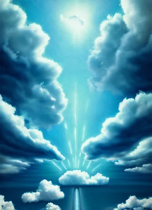 Prompt: queen of the underworld floats the sky like a star the sky is a turquoise blue with beautiful white fluffy clouds, hyper realism volumetric lighting