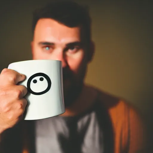 Prompt: a man holding a coffee mug. the coffee mug has a smiling, cartoony face on it.