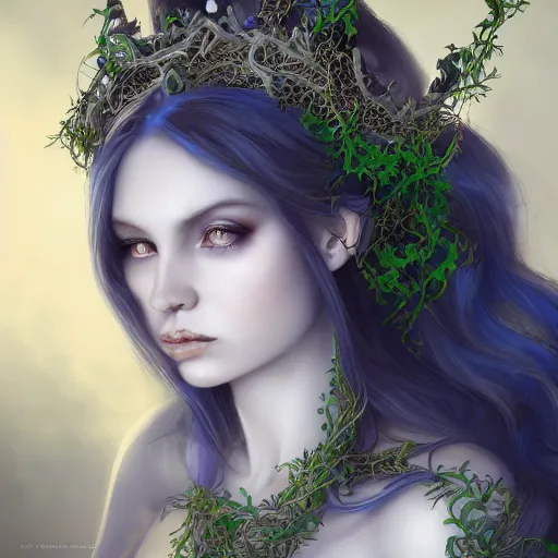 Prompt: detailed portrait of a dark fairy queen , realism, pale blue, emerald, sapphire, wearing a crown of vines, nest of vipers, moonlit, dark fantasy, dramatic lighting, cgsociety, artstation