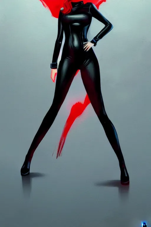 Prompt: dreamy girl character with perfect body in a nice black leather suit and red lips, very artistic pose, perfect lighting. professional design. great composition, illustration, highly detailed, digital painting, concept art, trending on artstation, by greg rutkowski, by james jean