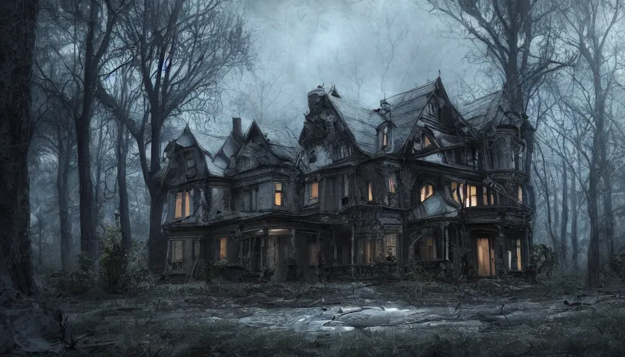 Prompt: old cracked damaged victorian house in the mud, dark forest, hyperdetailed, artstation, cgsociety, 8 k