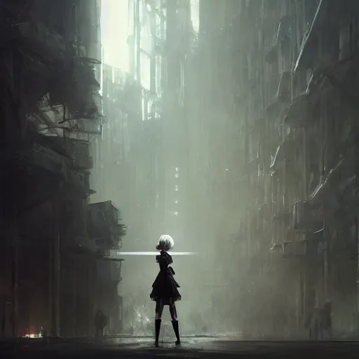 Prompt: 2 b nier automata. atmospheric lighting. detailed matte portrait painting by greg rutkowski.