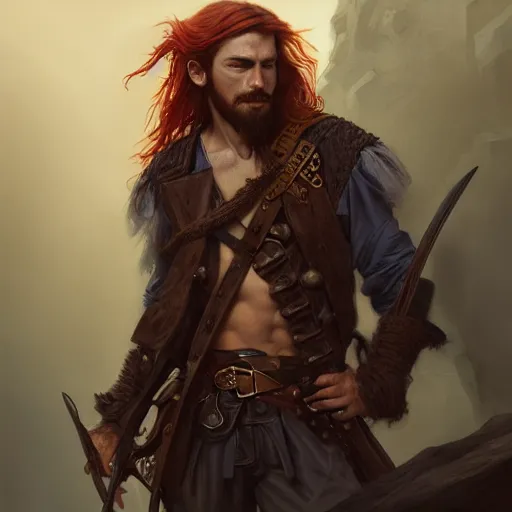 Prompt: portrait of a young rugged pirate, male, masculine, upper body, red hair, long hair, soft hair, D&D, fantasy, intricate, elegant, highly detailed, digital painting, artstation, concept art, matte, sharp focus, illustration, art by Artgerm and Greg Rutkowski and Alphonse Mucha