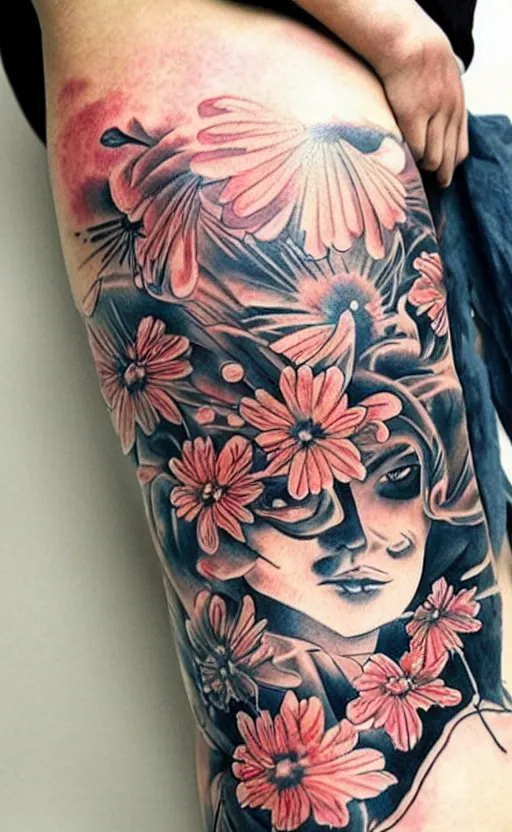 Image similar to flowers as fireworks irezumi tattoos 9