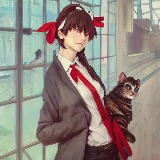 Prompt: beatiful woman wearing cat ears with big sack, a little boy wearing white shirt and red tie, anime key visual, intricate, stunning, highly detailed, digital painting, artstation, smooth, hard focus, illustration,, art by artgerm and greg rutkowski and alphonse mucha