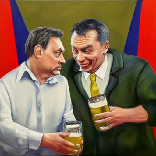 Image similar to viktor orban drinking beer with putin, anatomically correct, oil painting, highly detailed