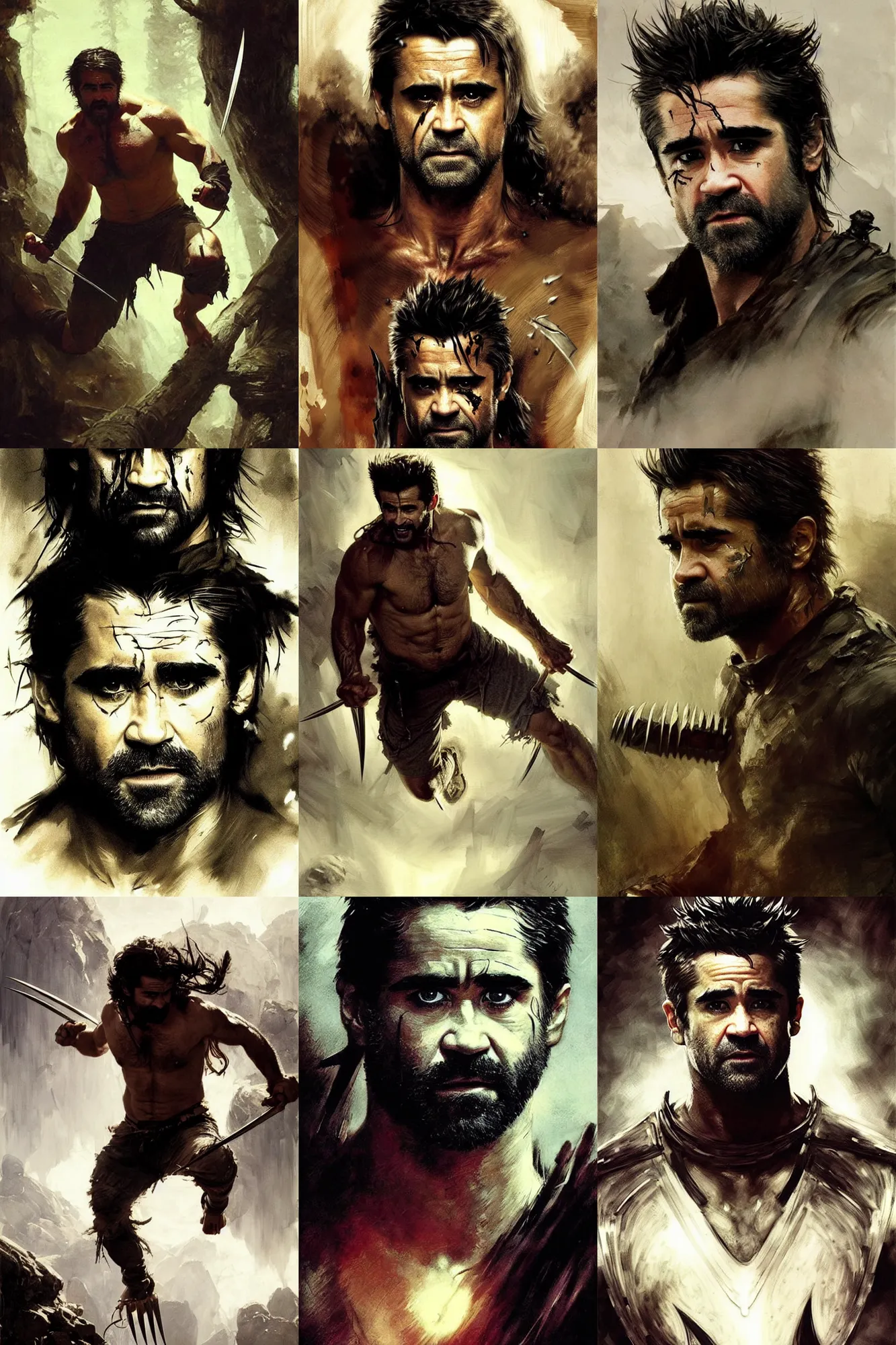 Prompt: colin farrell as berserker wolverine, detailed face, heavily detailed, art by anders zorn, wonderful masterpiece by greg rutkowski, beautiful cinematic light, american romanticism thomas lawrence, greg rutkowski