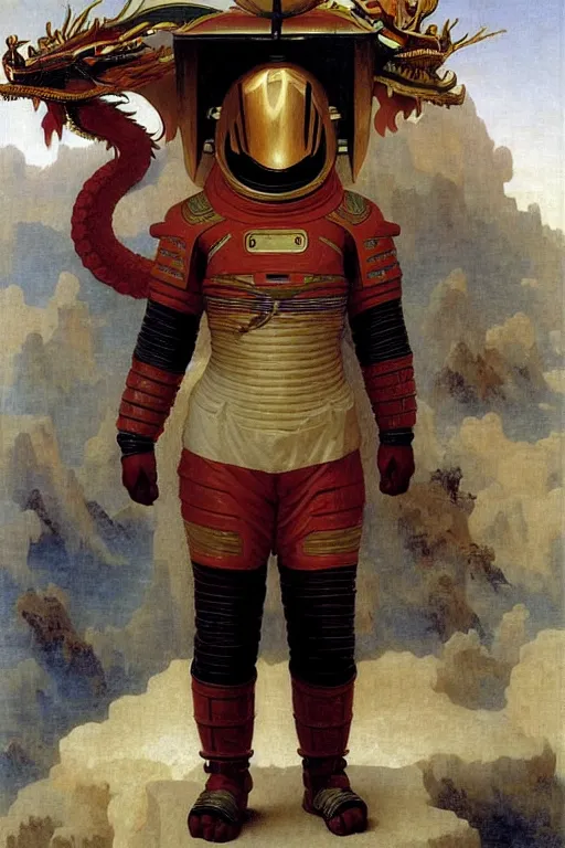 Image similar to portrait of a astronaut is a chinese dragon in armor and helmet, majestic, solemn, by bouguereau