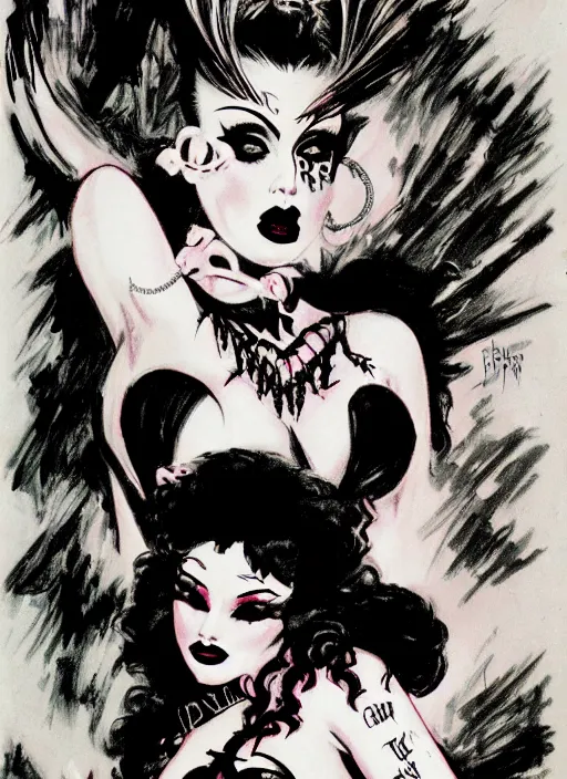 Prompt: of a goth girl burlesque psychobilly punk, detailed face, white background, drawing, zoomed - out, full body, illustration by frank frazetta