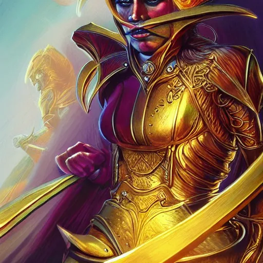 Image similar to bright, colorful, realistic, detailed from Elder Scrolls: shivering isles concept art golden saint a warrior woman with skin and hair made of bright and shiny gold portrait backlighting, kodachrome, high contrast, highly detailed, sharp focus, digital painting, concept art, illustration, trending on artstation, comic book by Alex Ross and Adam Adamowicz cover art