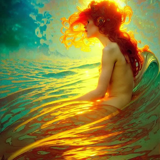 Image similar to mind bending ocean waves of glossy liquid psychedelic honey drops flowing like psychedelic translucent amber, lsd waves, lsd ripples, backlit, sunset, refracted lighting, art by collier, albert aublet, krenz cushart, artem demura, alphonse mucha