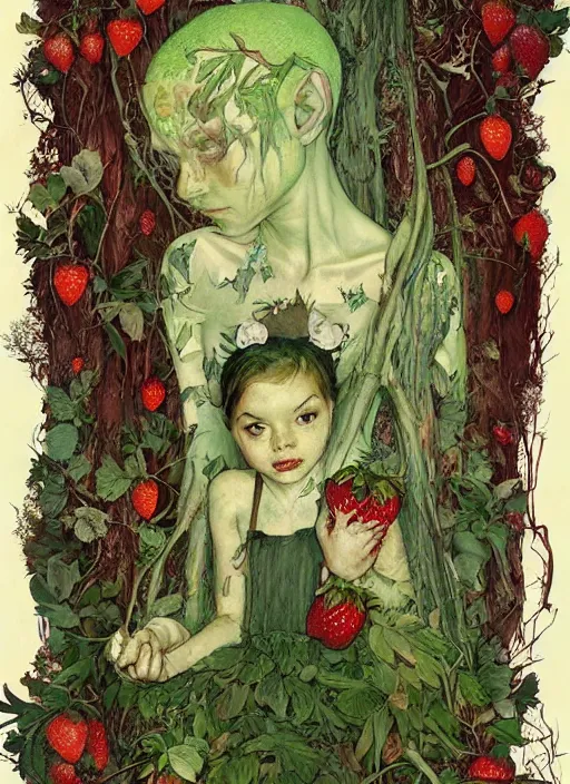 Image similar to lush strawberry forest fairy foliage painting carved in amber by chiara bautista and norman rockwell and greg rutkowski weta studio