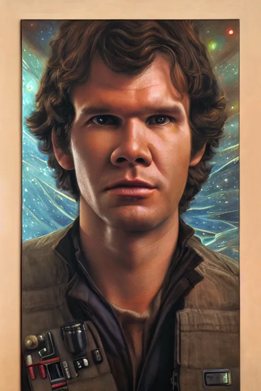 Prompt: beautiful oil painting of han solo by chie yoshii, full body portrait, space, symmetrical face, dramatic lighting