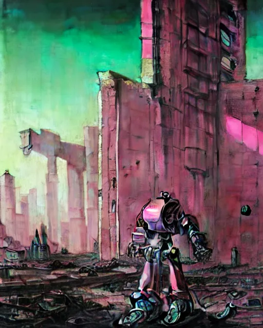 Prompt: hyperrealistic hyperdetailed 60s mecha iridescent pink coming out of dystopian city ruins concept art santiago caruso de chirico sharp very dramatic green light 8k low angle shallow depth of field