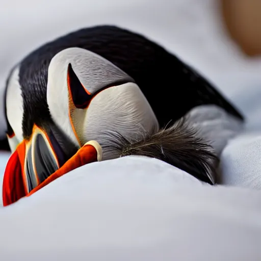 Image similar to puffin sleeping in an oversized bed