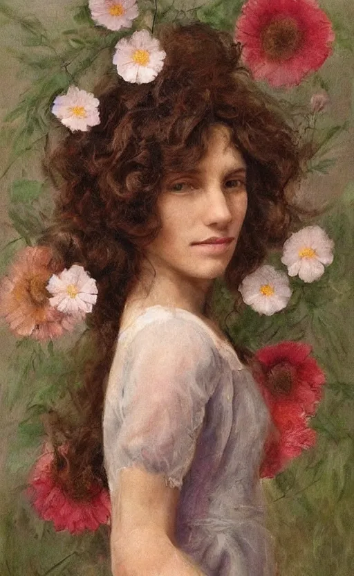 Image similar to portraiture!! of a woman! short brown hair! looking at us, flowers!!! in the hair, by thomas denenberg