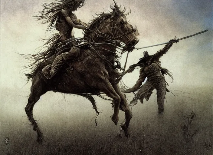 Prompt: cowgirl fighting monsters by Beksinski and Luis Royo