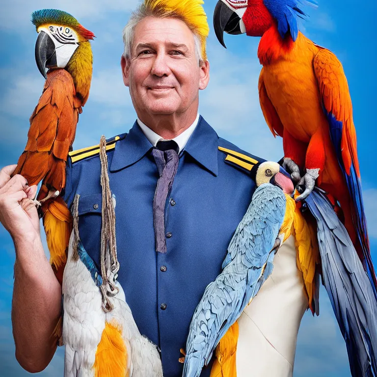 Image similar to high fashion photoshoot octane render portrait by wayne barlow and carlo crivelli and glenn fabry, a distinguished sea captain wearing a colorful uniform and holding a colorful macaw while standing on a beautiful high - end white and wood yacht, very short depth of field, bokeh