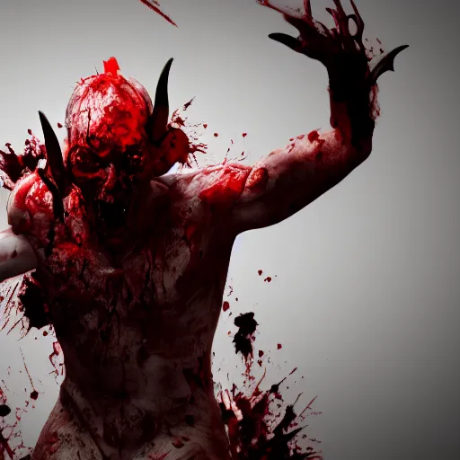 Image similar to god of death, dramatic pose, blood splatters, horns, red, 8 k, hyperrealistic, octane render, dramatic