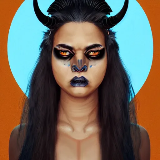 Image similar to illustrated realistic portrait of ram-horned devil woman with blue bob hairstyle and her tan colored skin and with solid black eyes wearing leather by rossdraws