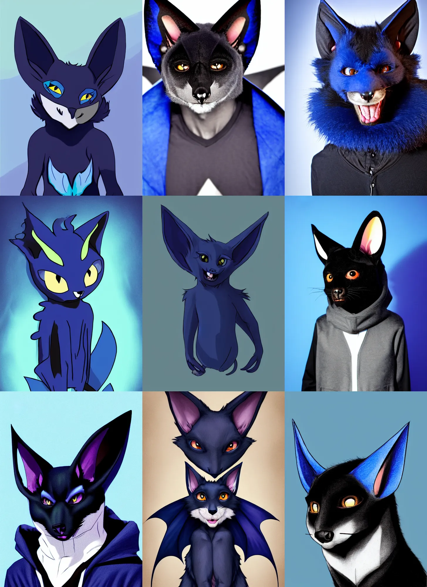 Prompt: a blue - and - black male catbat fursona ( from the furry fandom ) with heterochroma and huge bat ears, photo portrait
