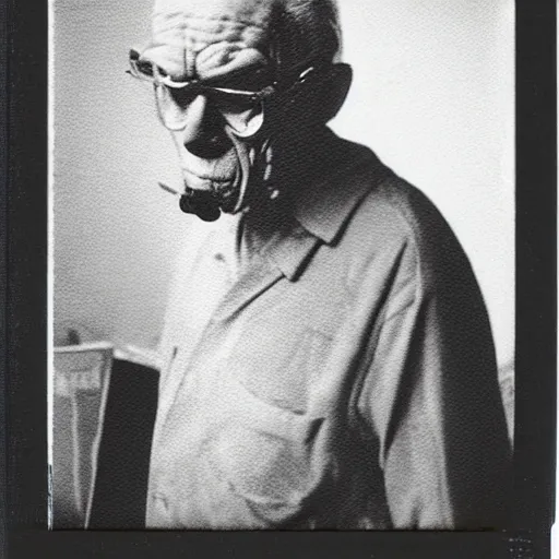 Image similar to a realistic polaroid photo of an old man after a failed experiment inside a laboratory, the head of the old man is deformed and dark, cosmic horror